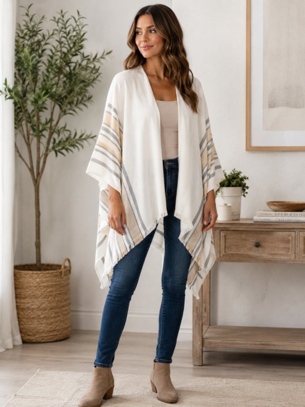 Cream Striped Open Front Ruana Poncho One Size Boho Shawl Wrap - Picture 1 of 5